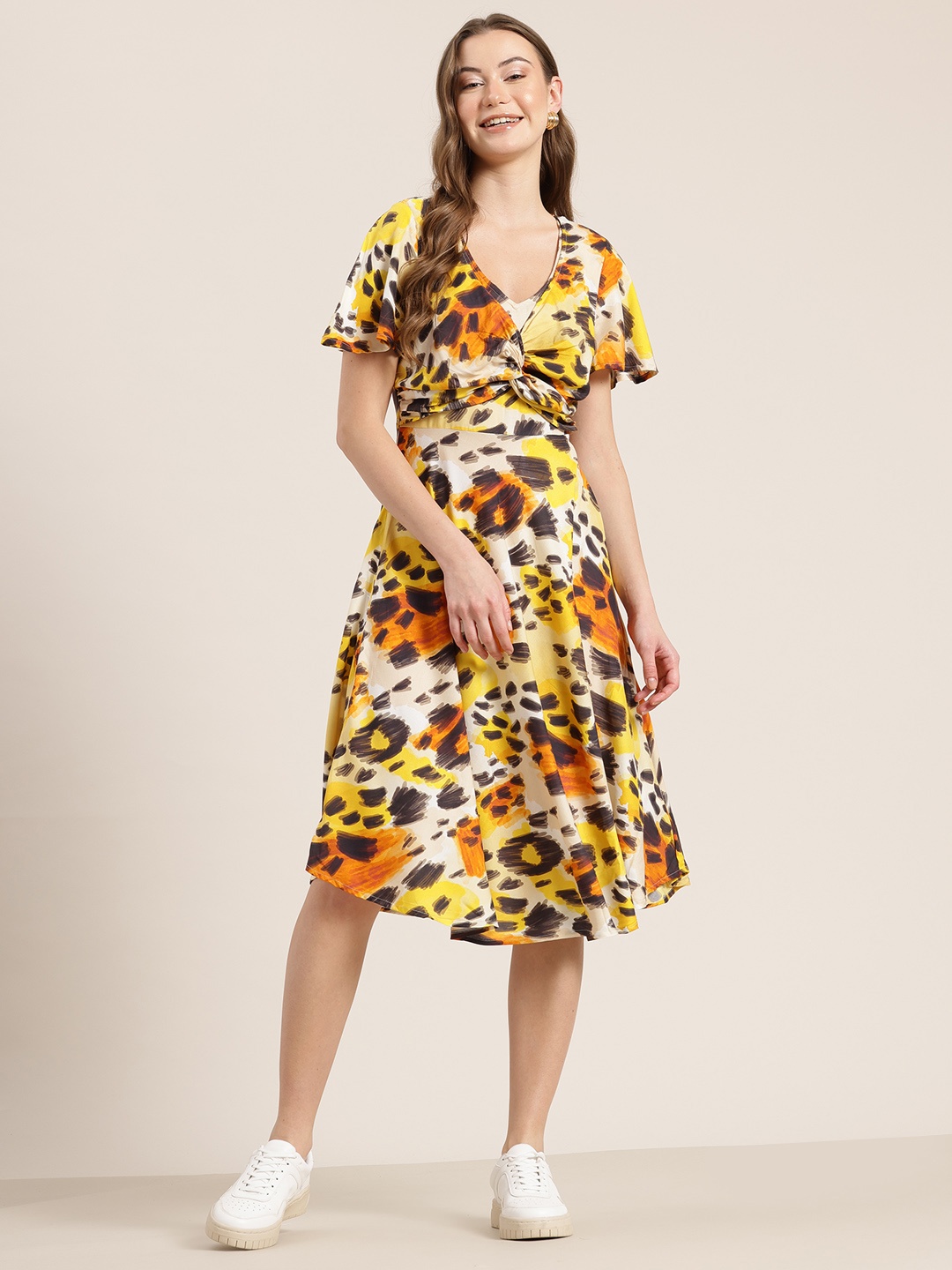 

HERE&NOW Printed Twisted Fit & Flare Midi Dress, Yellow