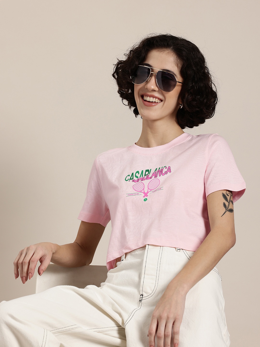 

HERE&NOW Varsity Wander Typography Printed Pure Cotton T-shirt, Pink