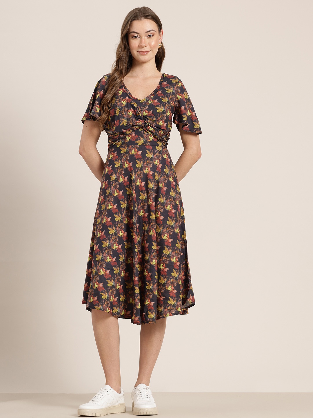 

HERE&NOW Printed Twisted Fit & Flare Midi Dress, Black