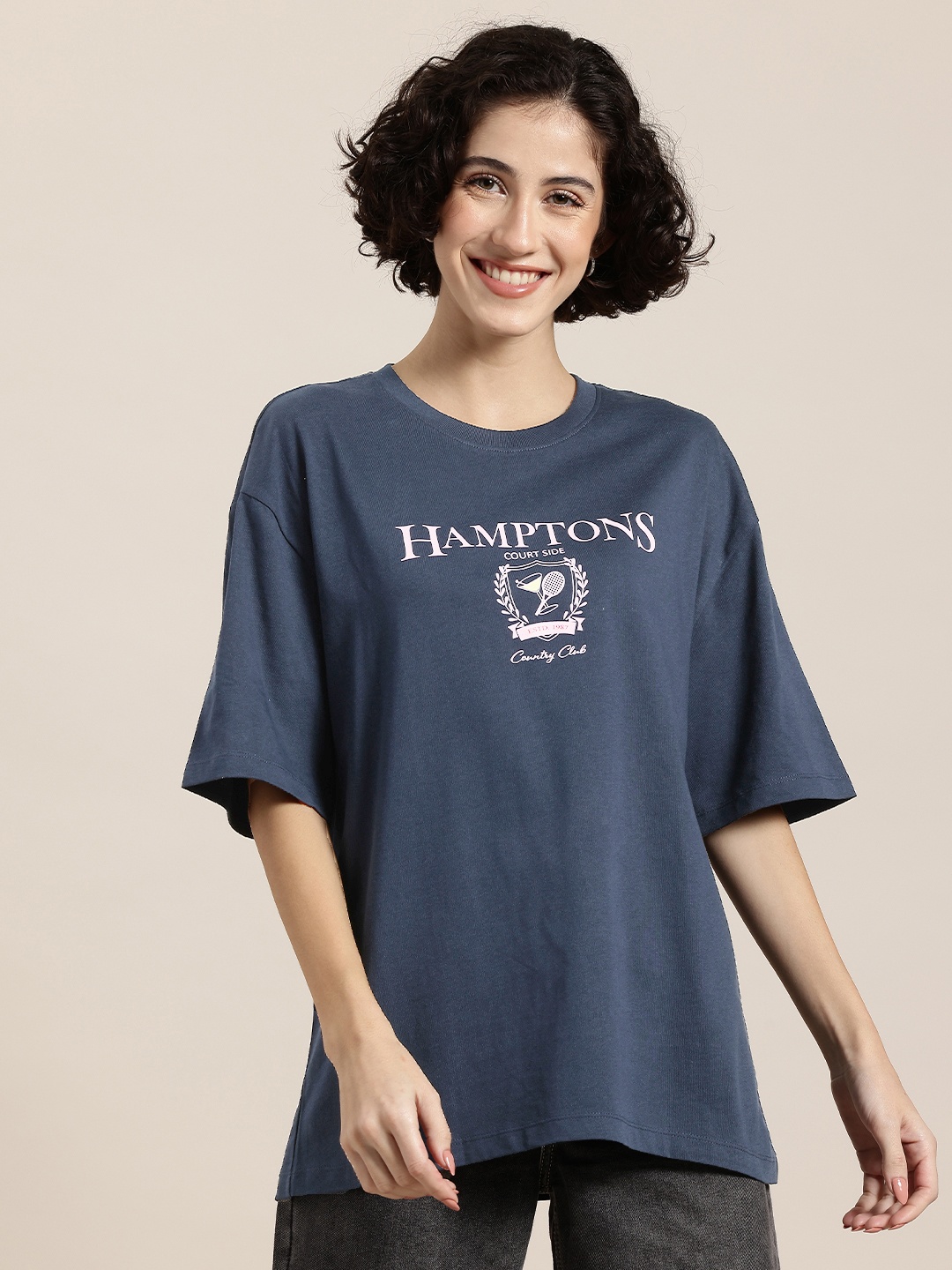 

HERE&NOW Varsity Wander Typography Print Oversized Pure Cotton T-shirt, Navy blue