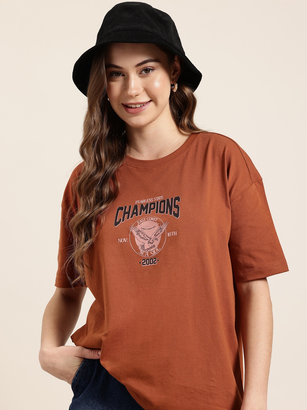 

HERE&NOW Varsity Wander Printed Pure Cotton T-shirt, Brown