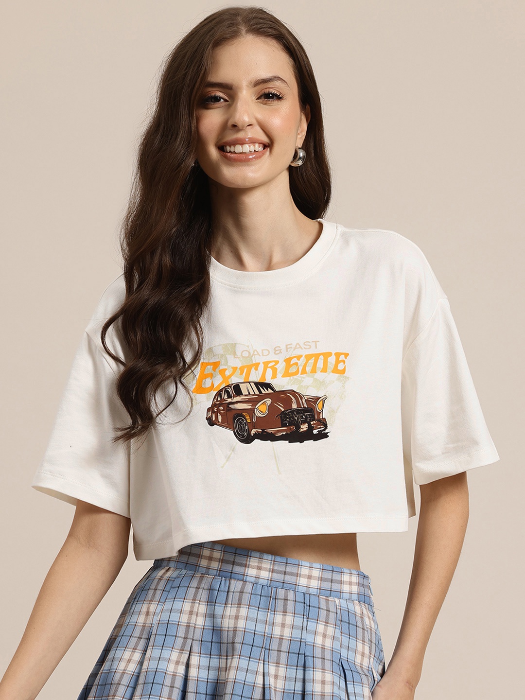 

HERE&NOW Grand Prix Printed Drop-Shoulder Sleeves Pure Cotton Cropped Boxy T-shirt, White