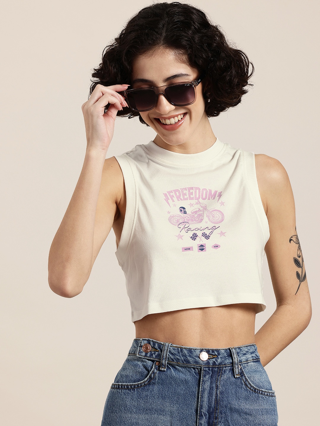 

HERE&NOW Grand Prix Printed Sleeveless Crop Pure Cotton T-shirt, Off white