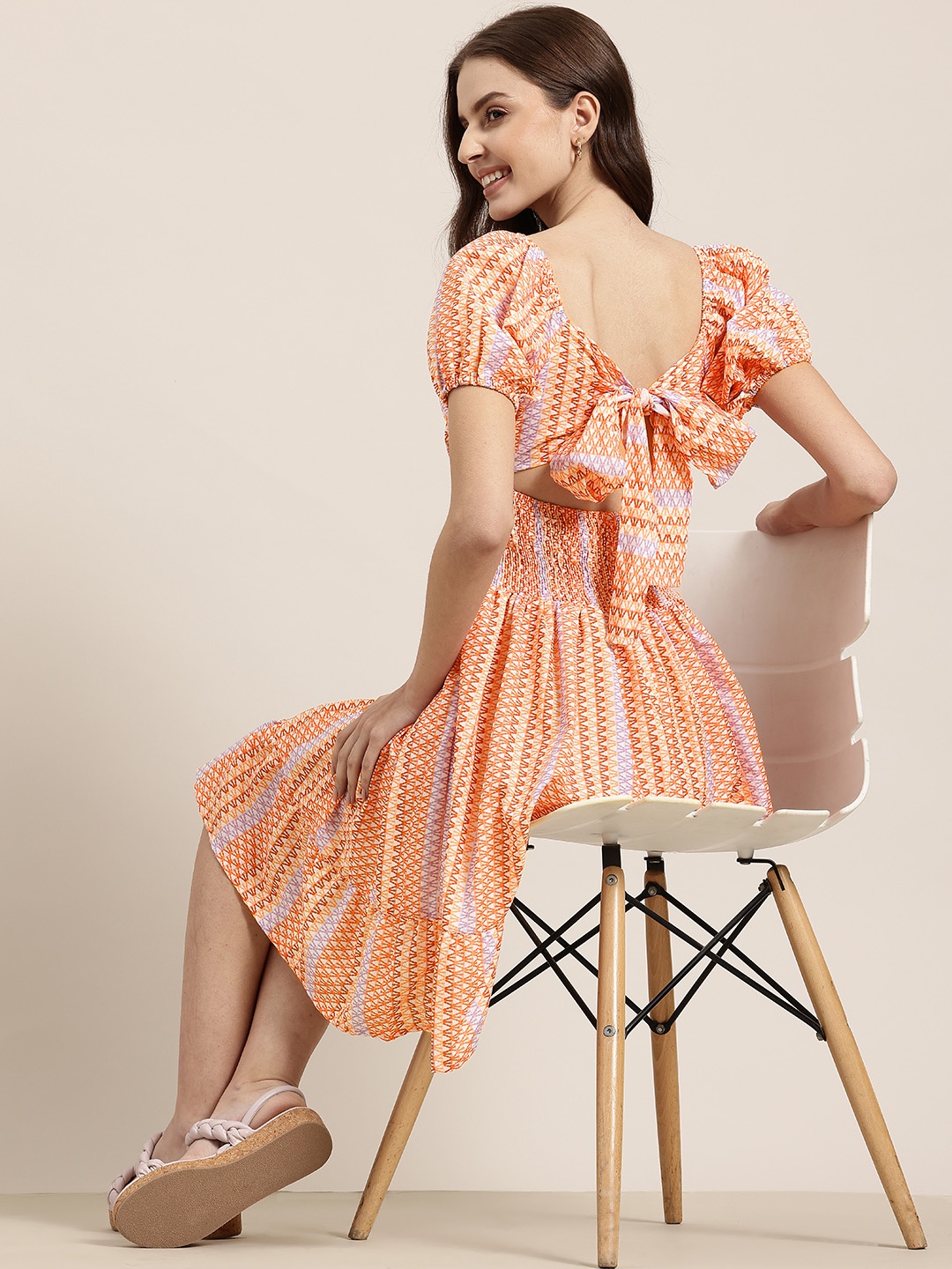 

HERE&NOW Striped Puff Sleeve Fit & Flare Dress, Orange