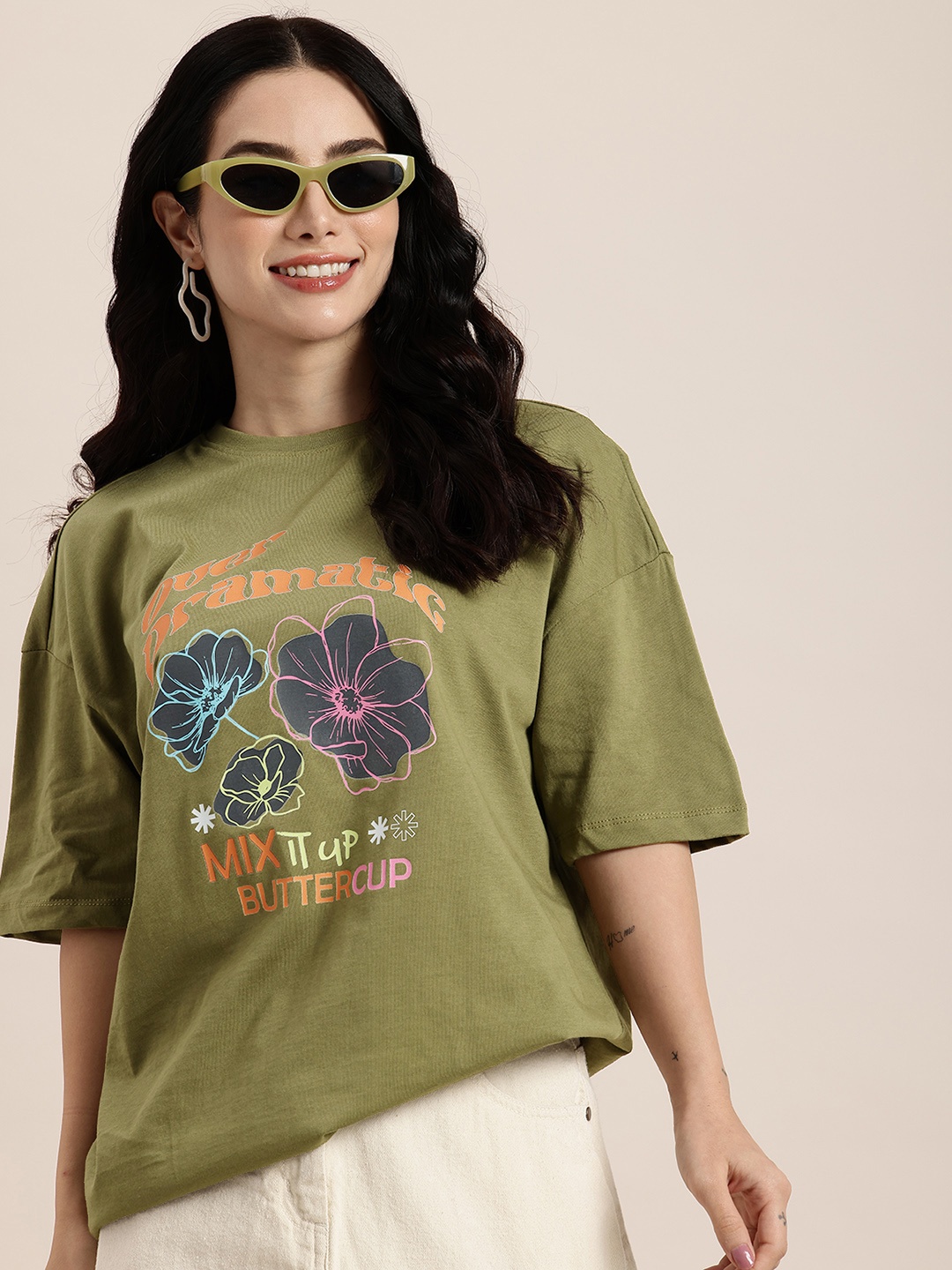 

HERE&NOW Impact Flowers Printed Drop-Shoulder Sleeves Oversized Pure Cotton T-shirt, Olive