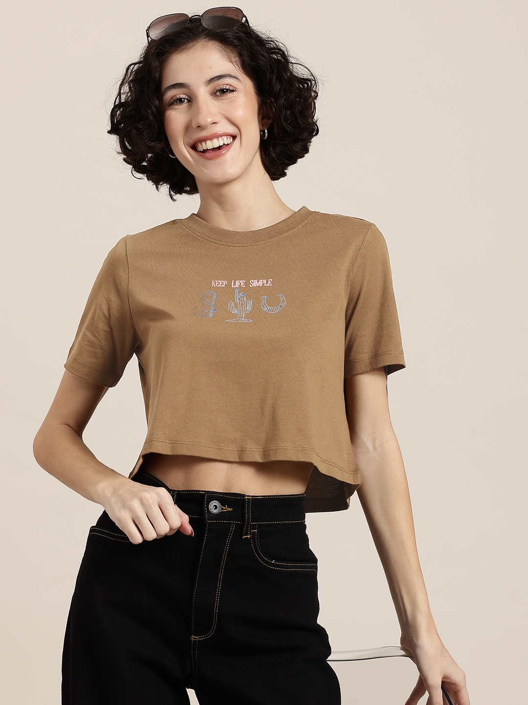 

HERE&NOW Rodeo Romance Typography Print Pure Cotton Crop T-shirt, Brown