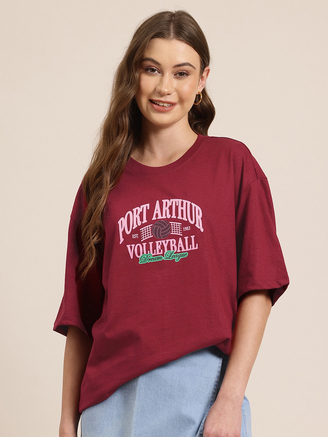 

HERE&NOW Varsity Wander Printed Drop-Shoulder Sleeves Oversized T-shirt, Maroon