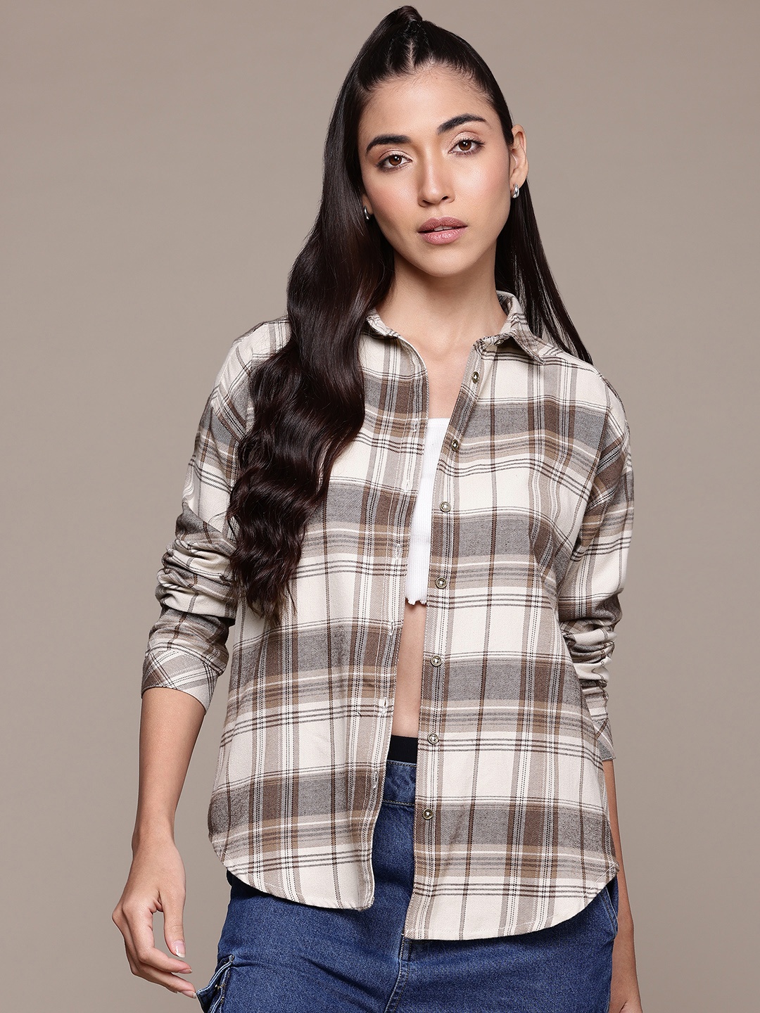 

The Roadster Lifestyle Co. Tartan Checked Pure Cotton Oversized Casual Shirt, Beige
