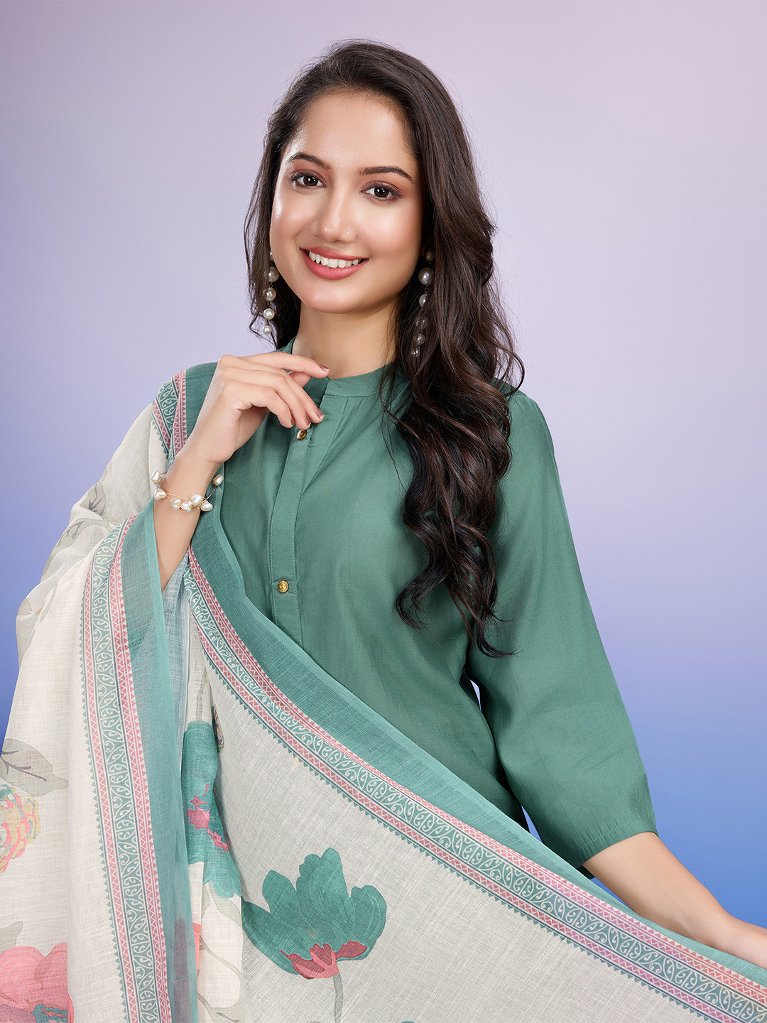 

MOJILAA Mandarin Collar Straight Kurta with Salwar & Dupatta, Sea green