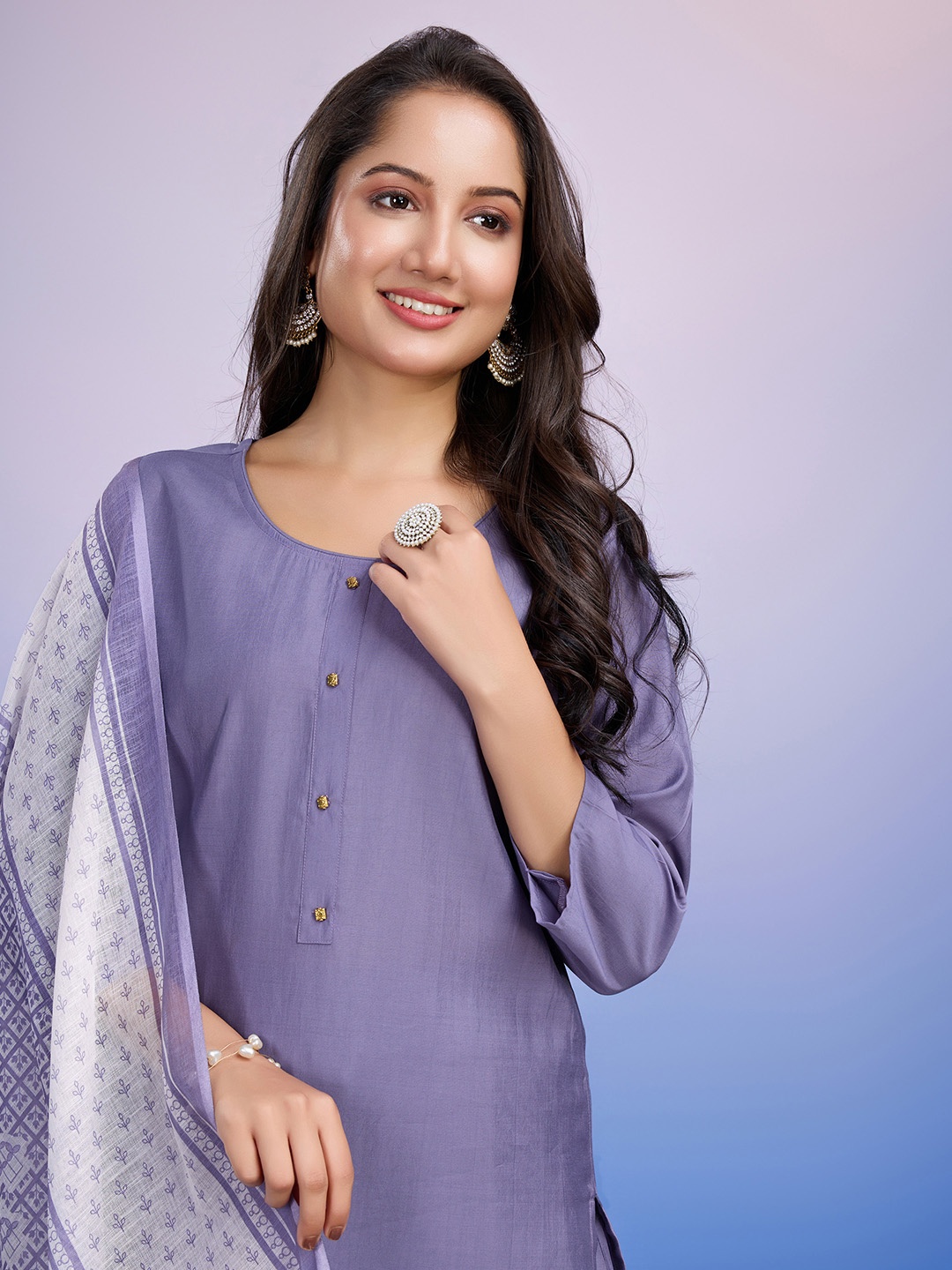 

MOJILAA Round Neck Straight Kurta with Salwar & With Dupatta, Lavender