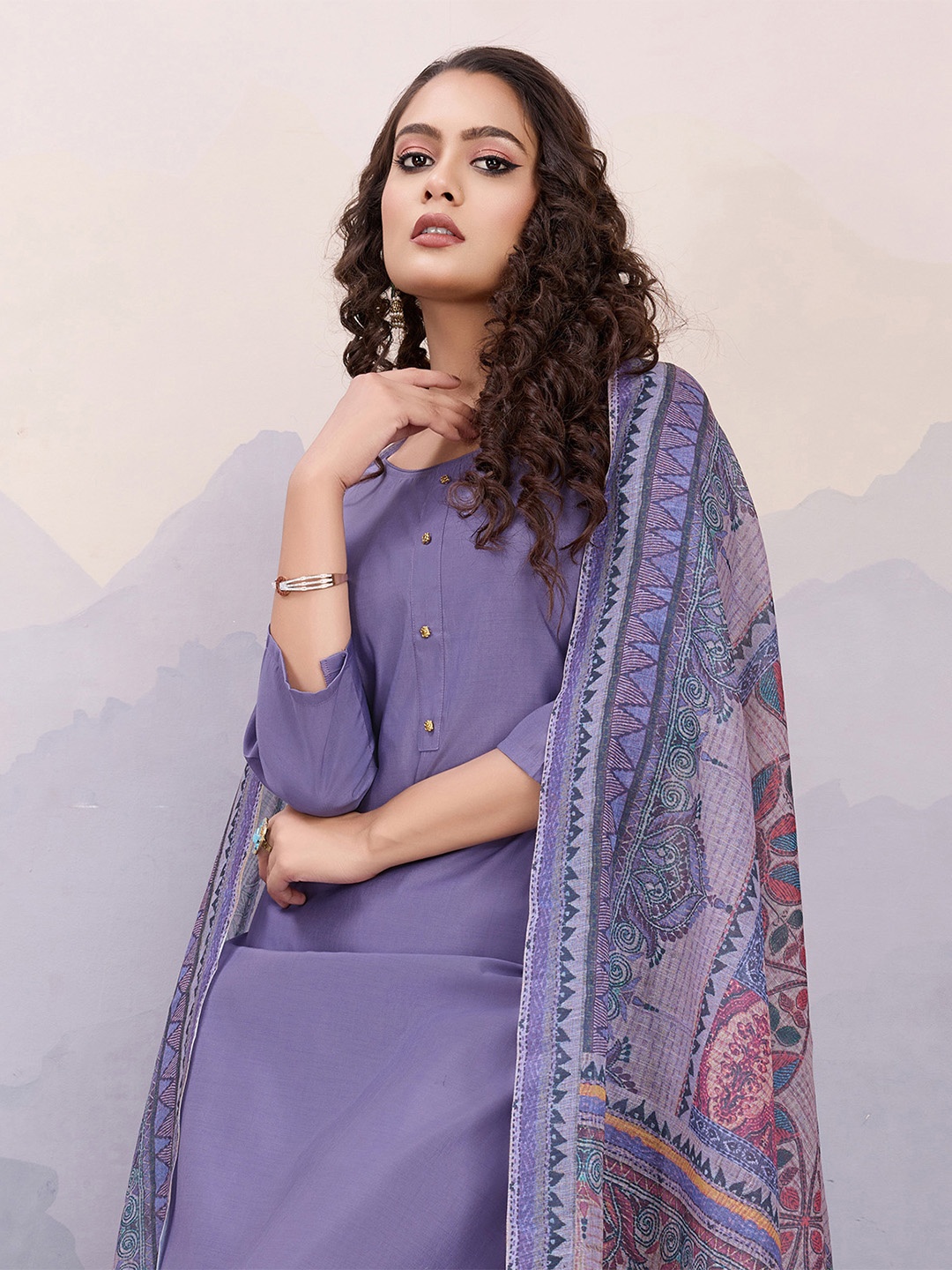 

MOJILAA Round Neck Straight Kurta with Salwar & With Dupatta, Lavender