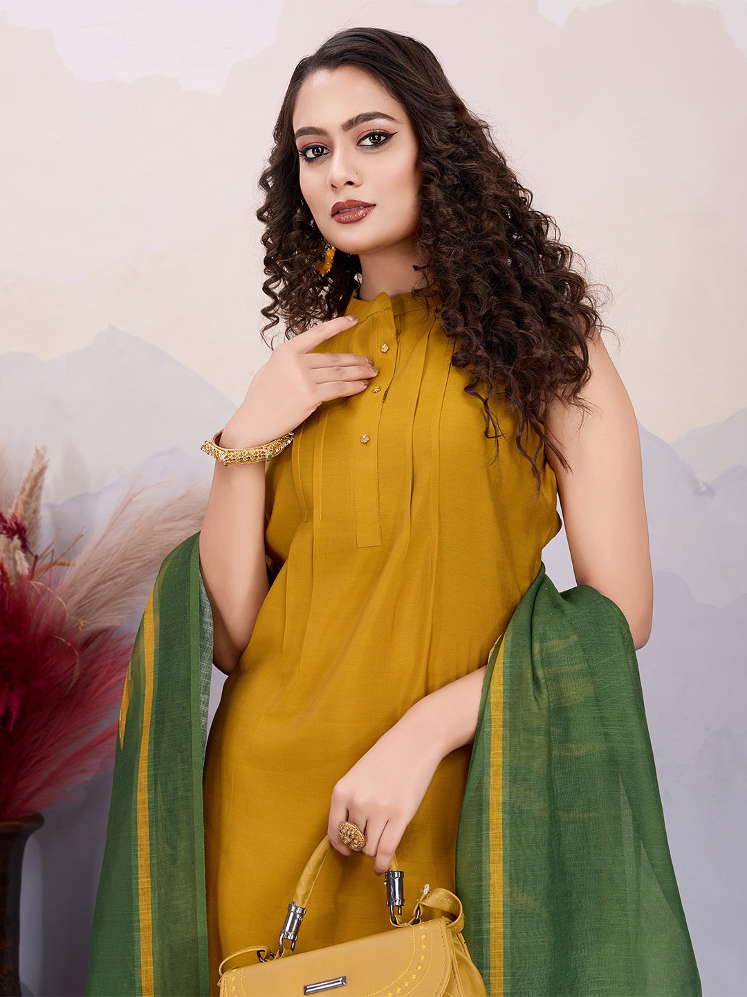 

MOJILAA Mandarin Collar Straight Kurta with Salwar & With Dupatta, Mustard