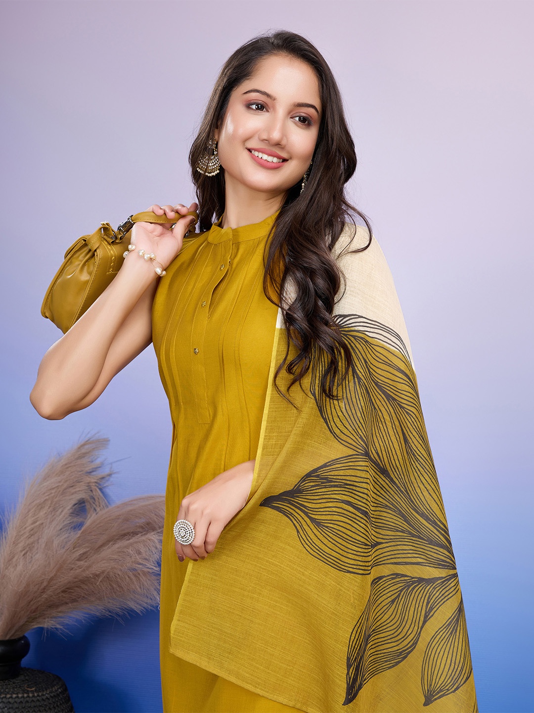 

MOJILAA Mandarin Collar Straight Kurta With Trousers & Dupatta, Mustard