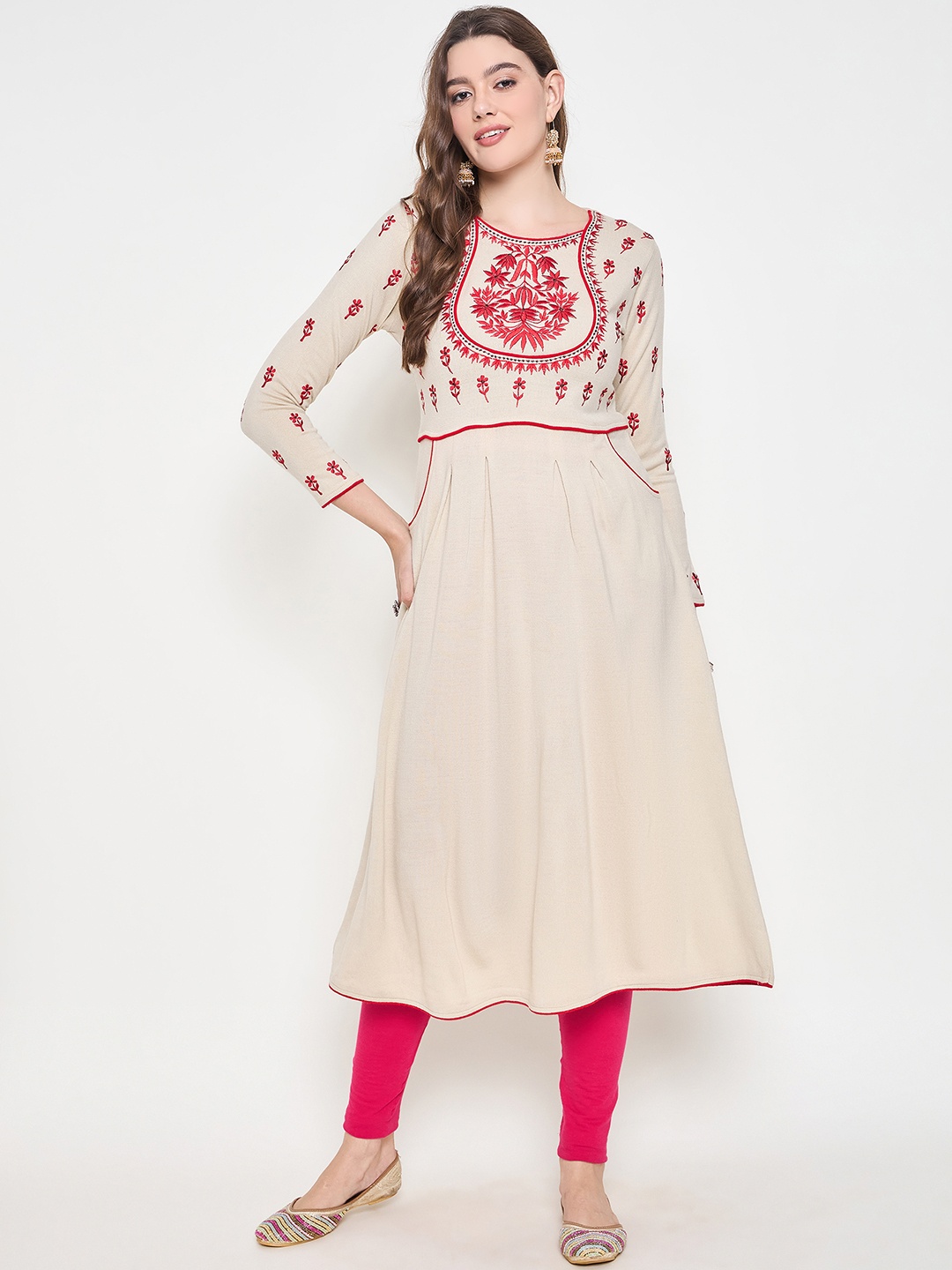 

Zigo Floral Yoke Design Thread Work Woollen Pure Woollen A-Line Kurta, Beige