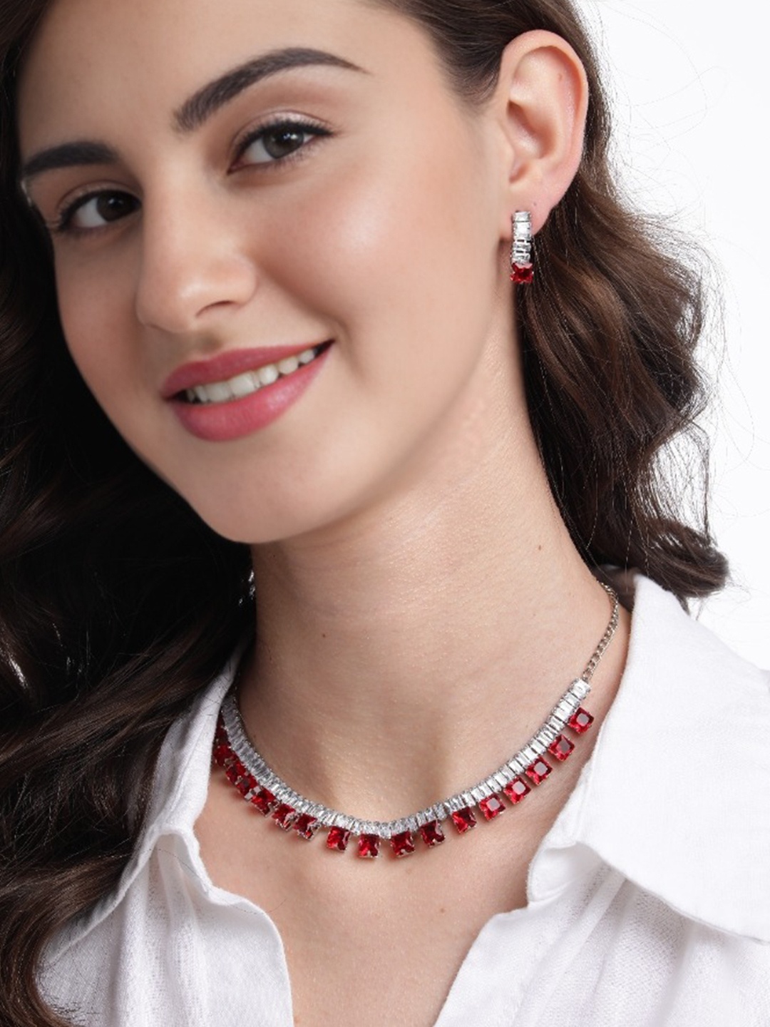 

MANSIYAORANGE Rhodium-Plated Crystal AD Gemstone-Studded Jewellery Set, Red