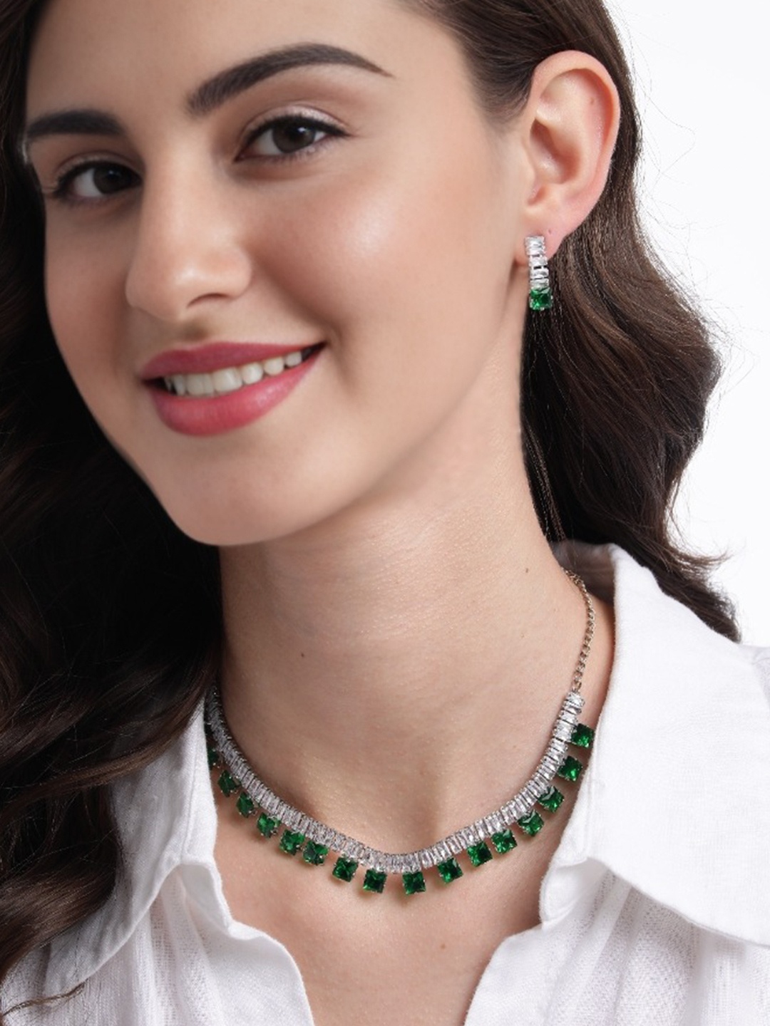 

MANSIYAORANGE Rhodium-Plated Crystal AD Gemstone-Studded Jewellery Set, Green