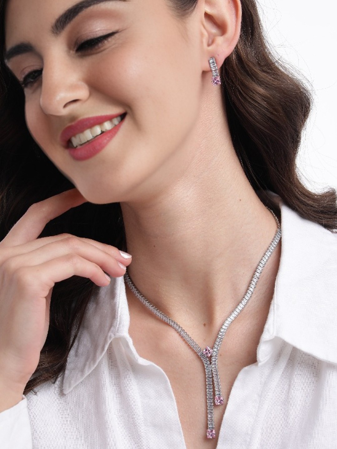 

MANSIYAORANGE Rhodium-Plated Crystal AD Gemstone-Studded Jewellery Set, Pink