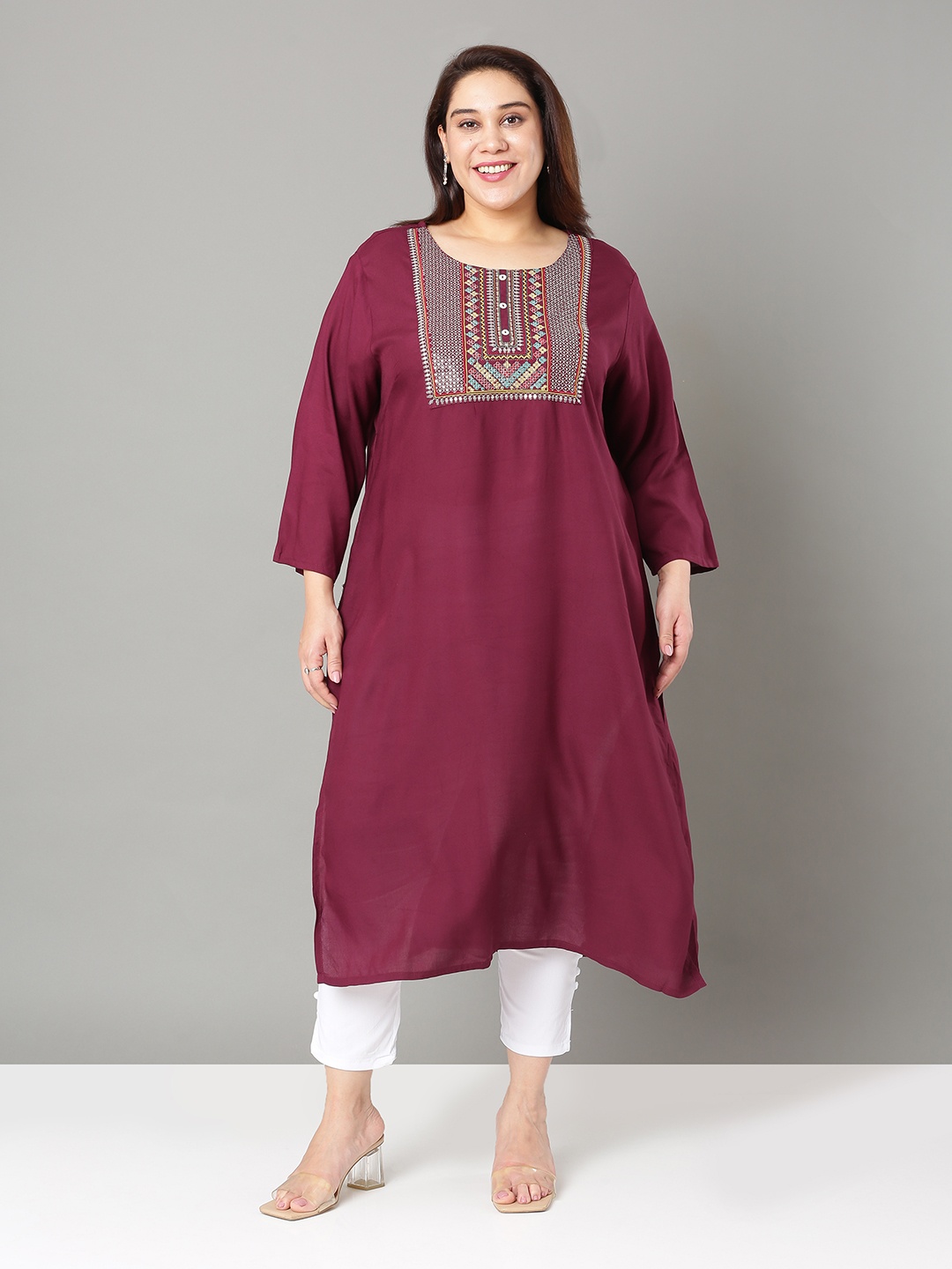 

Sztori Floral Embroidered Yoke Design Sequined Straight Kurta, Maroon