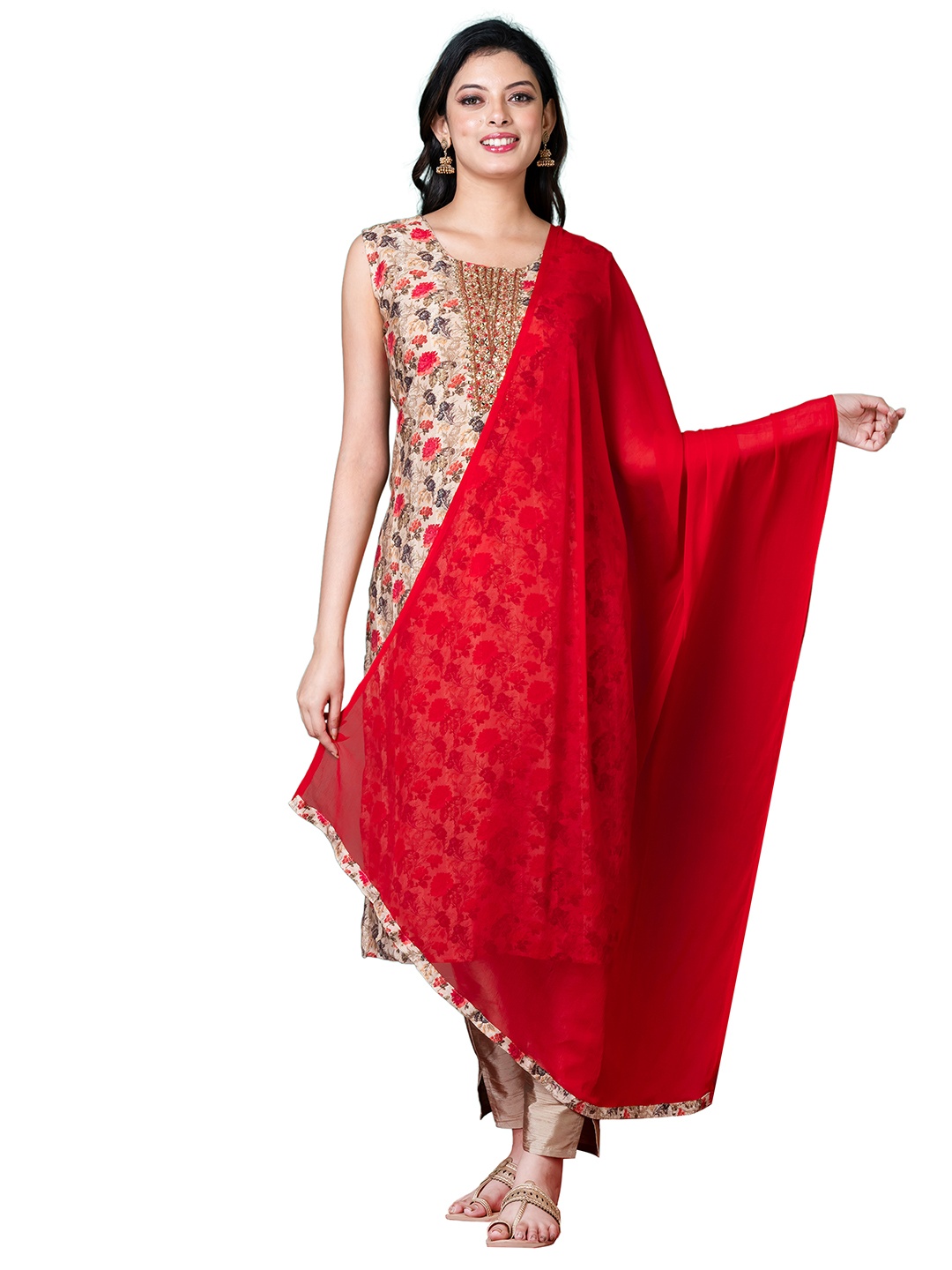 

SHREE BALAJI Floral Embroidered Mirror Work Kurta With Trousers & Dupatta, Brown