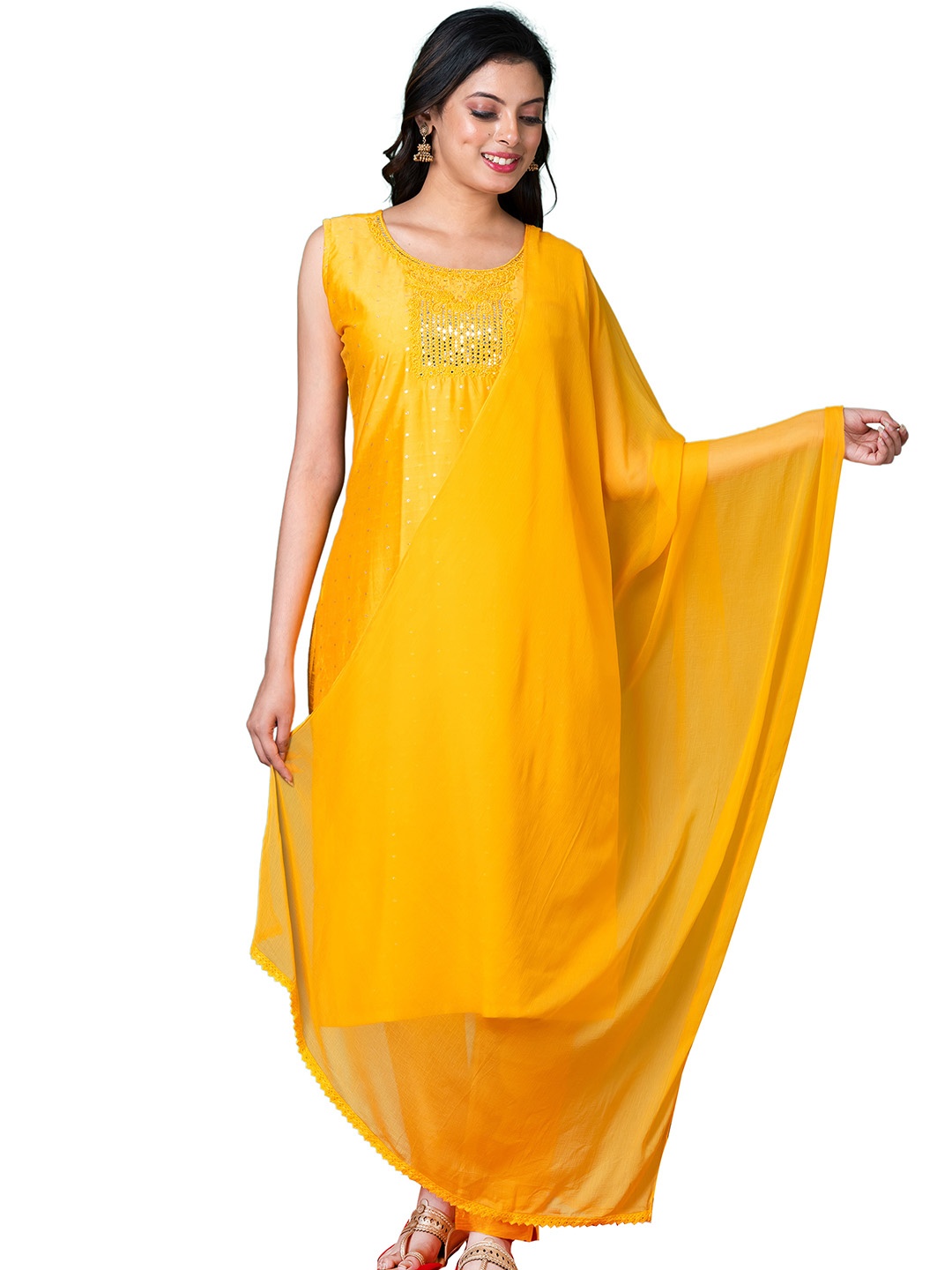 

SHREE BALAJI Geometric Woven Design Sequinned Straight Kurta with Trousers & Dupatta, Yellow