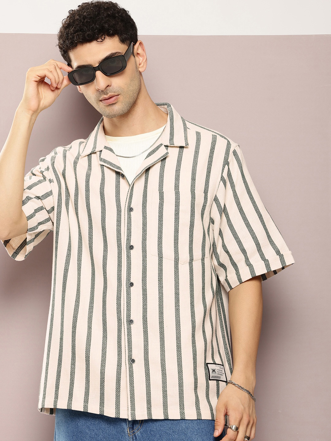 

Kook N Keech Men Premium Striped Cuban Collar Relaxed Fit Pure Cotton Casual Shirt, Green