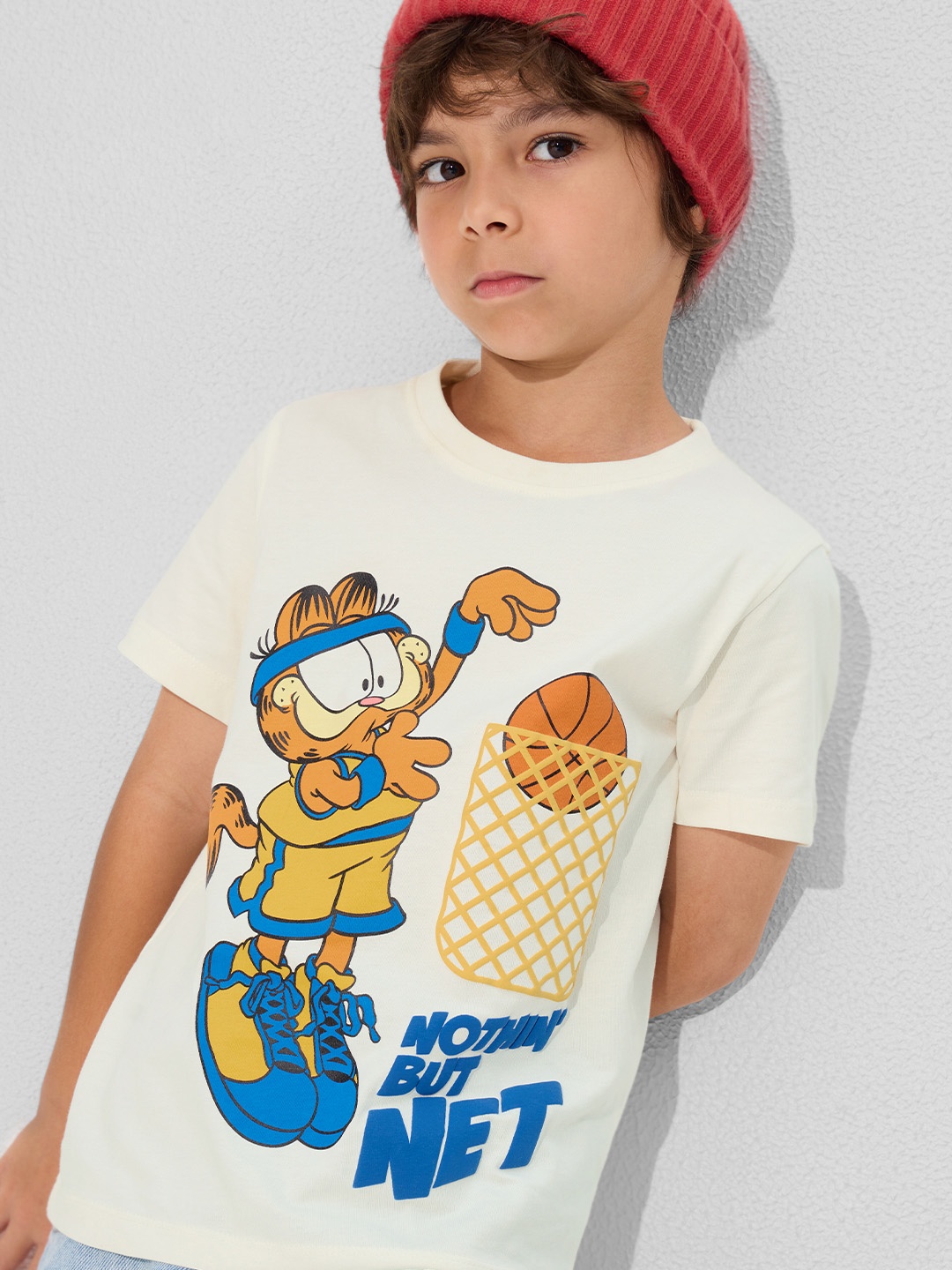 The Souled Store Boys Garfield Typography Printed Round Neck Cotton T-shirt, White