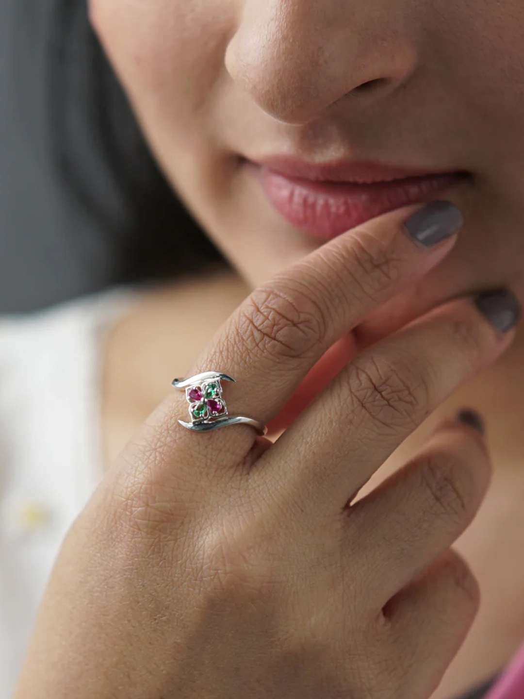 

House of Aadyaa 925 Sterling Silver Stone Studded Adjustable Finger Ring