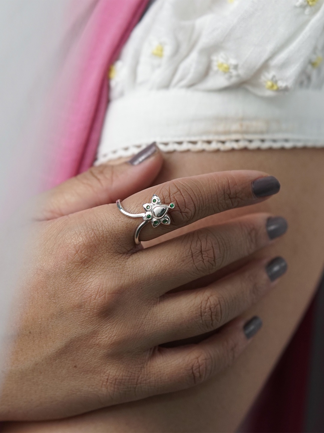 

House of Aadyaa 925 sterling Silver Stone Studded Finger Ring