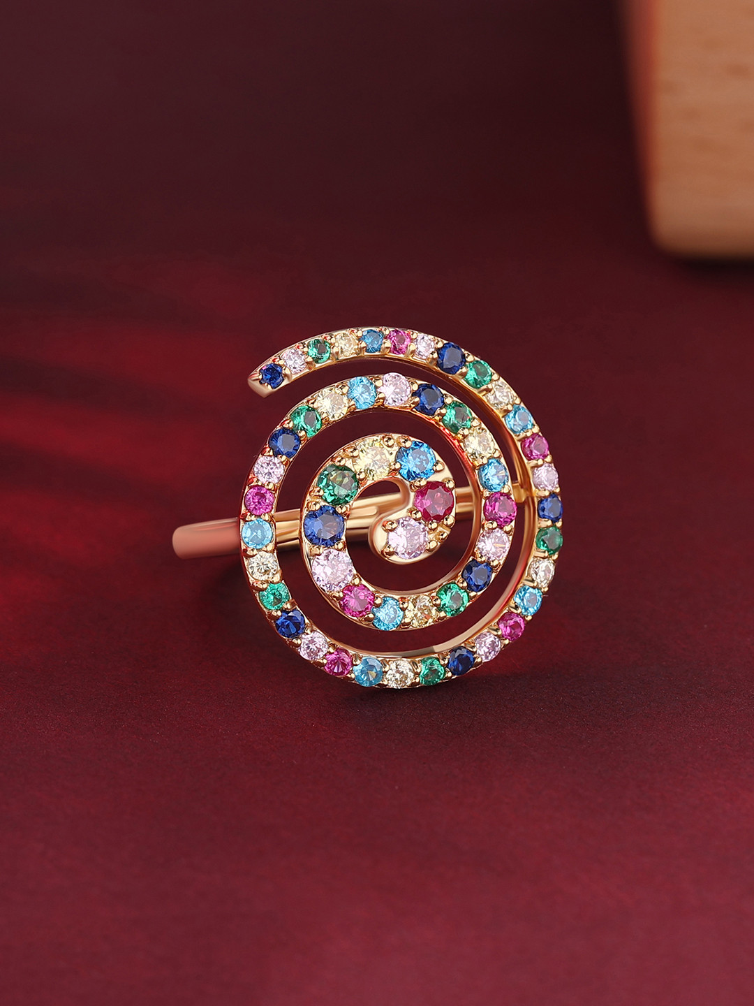 

Ornate Jewels 925 Sterling Silver 18K Gold-Plated CZ Studded Rainbow Chakra Spiral Ring
