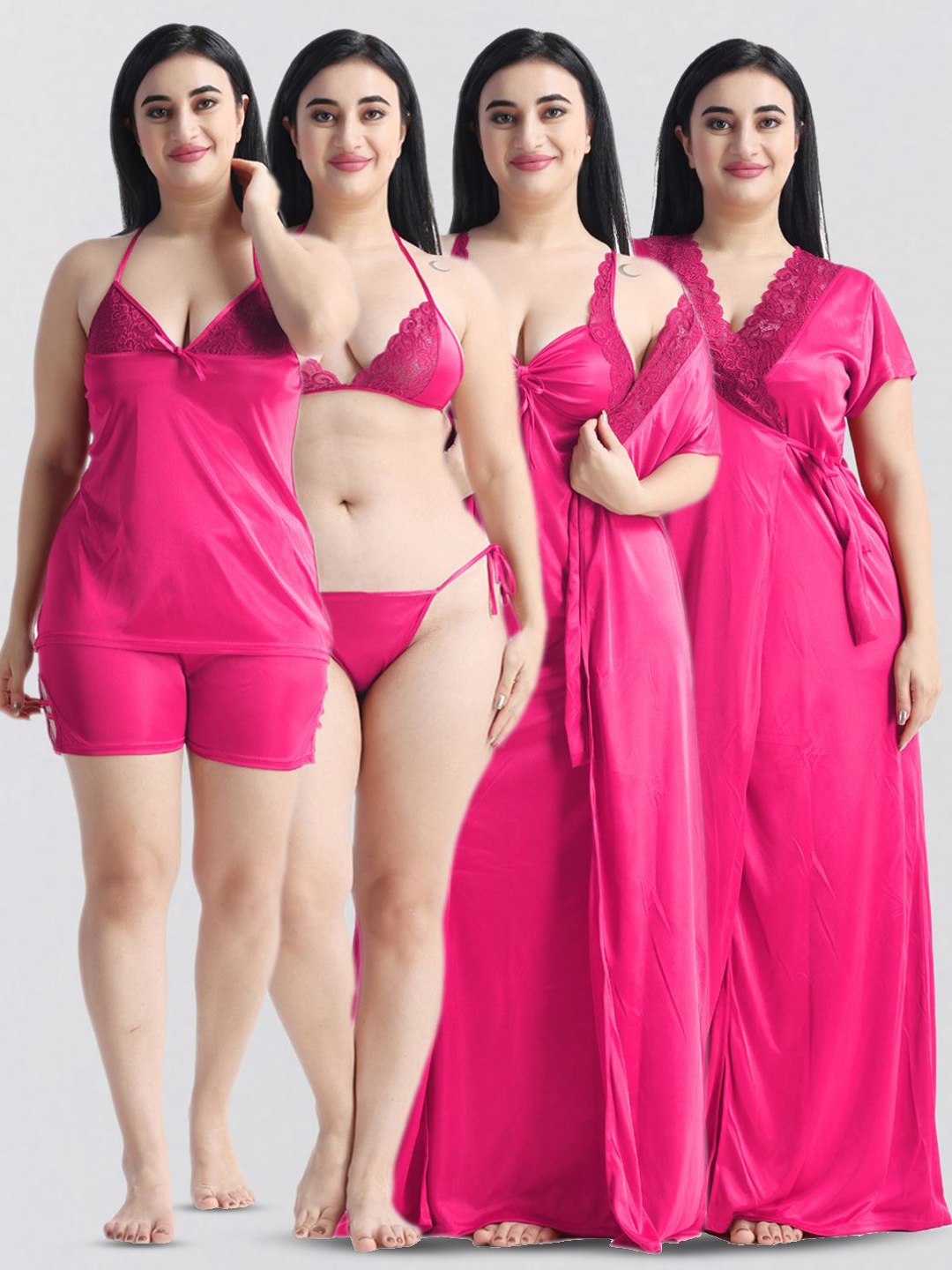 

NIGHT KEYS Set Of 6 Piece Women Satin Maxi Nightdress, Magenta