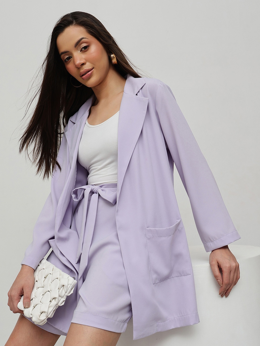 

HOUSE OF S Notched Lapel Collar Long Sleeves Blazer With Shorts, Purple