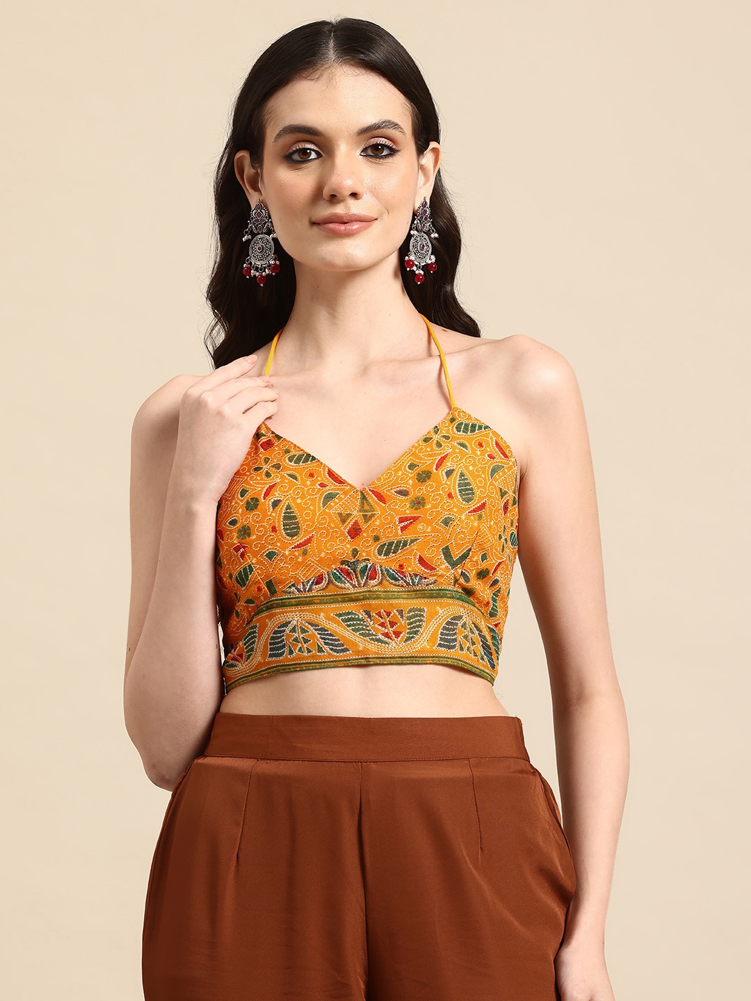 

Molcha Printed Halter Neck Padded Saree Blouse, Mustard