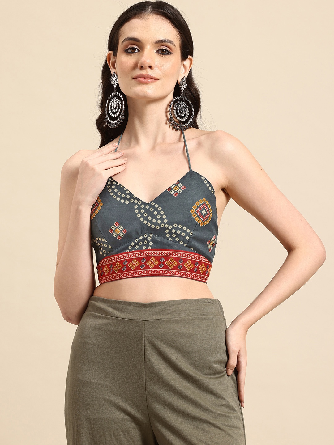 

Molcha Printed Halter Neck Padded Saree Blouse, Grey