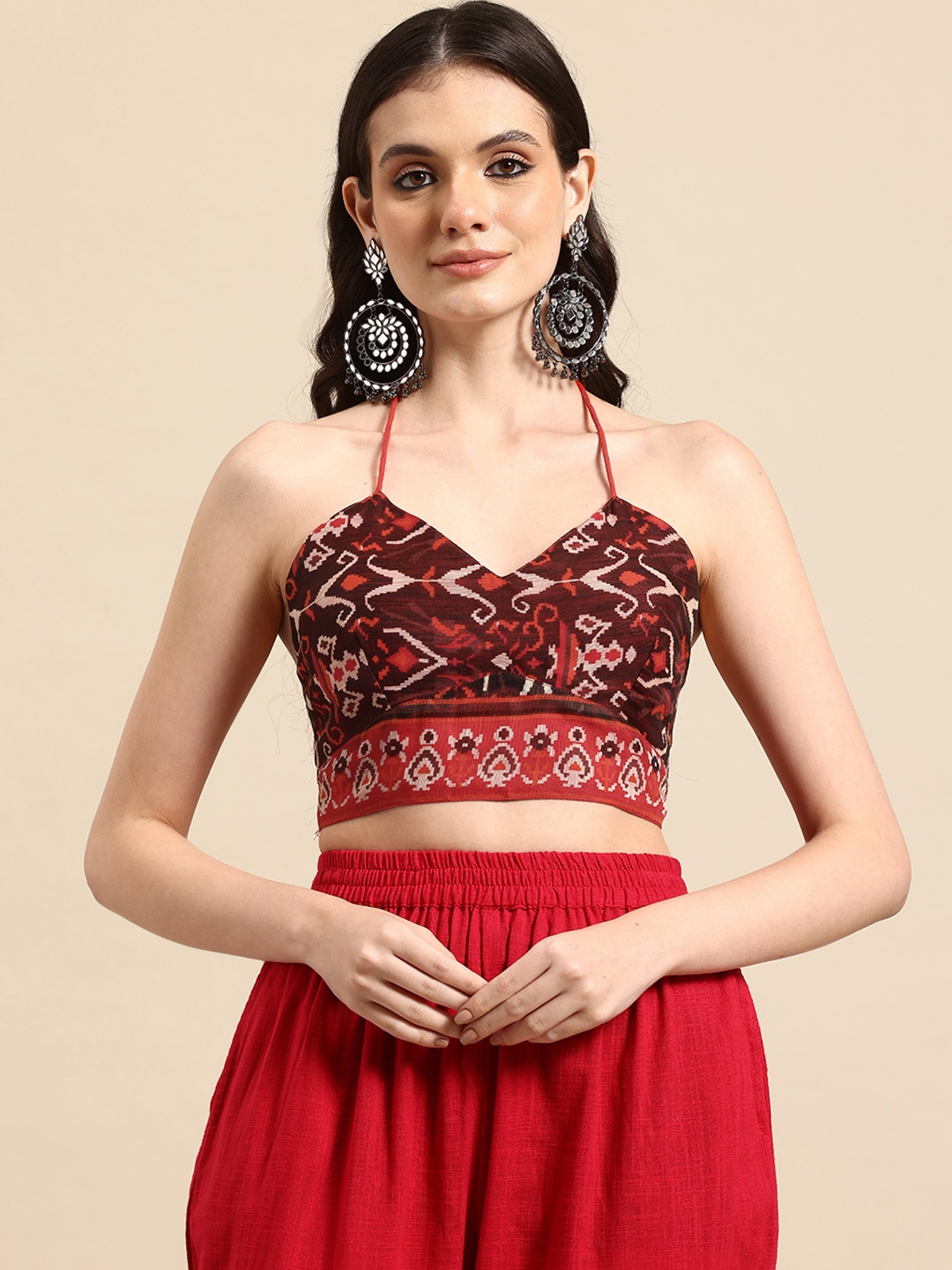 

Molcha Printed Halter Neck Padded Saree Blouse, Brown