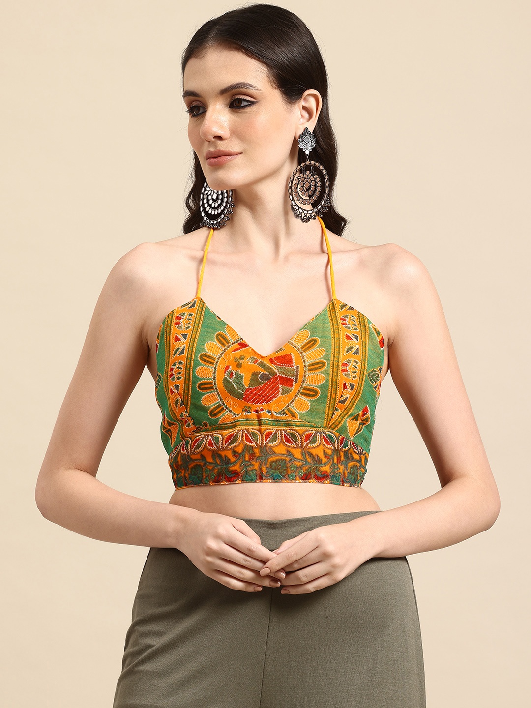 

Molcha Printed Halter Neck Padded Saree Blouse, Green