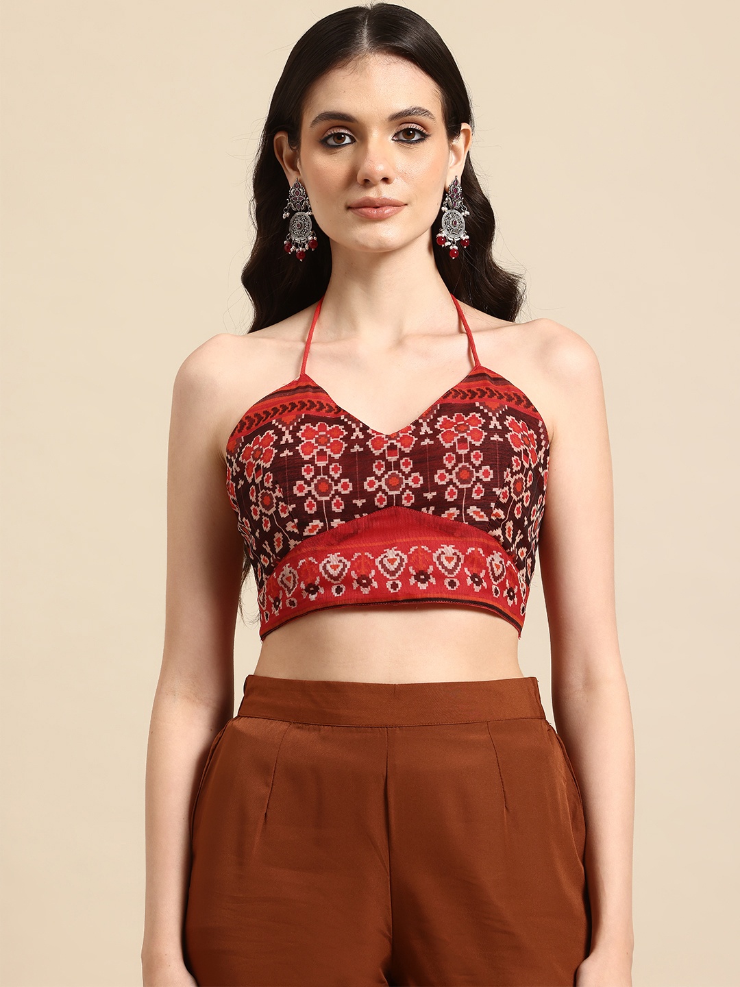 

Molcha Printed Halter Neck Padded Saree Blouse, Brown