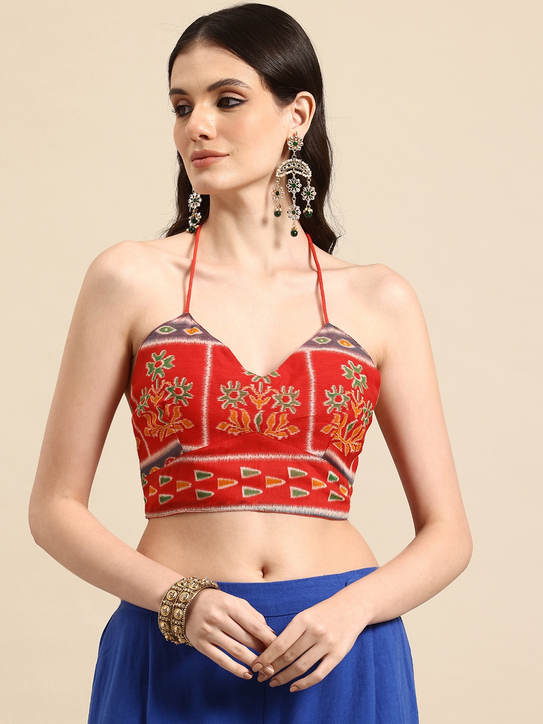 

Molcha Printed Halter Neck Padded Saree Blouse, Red