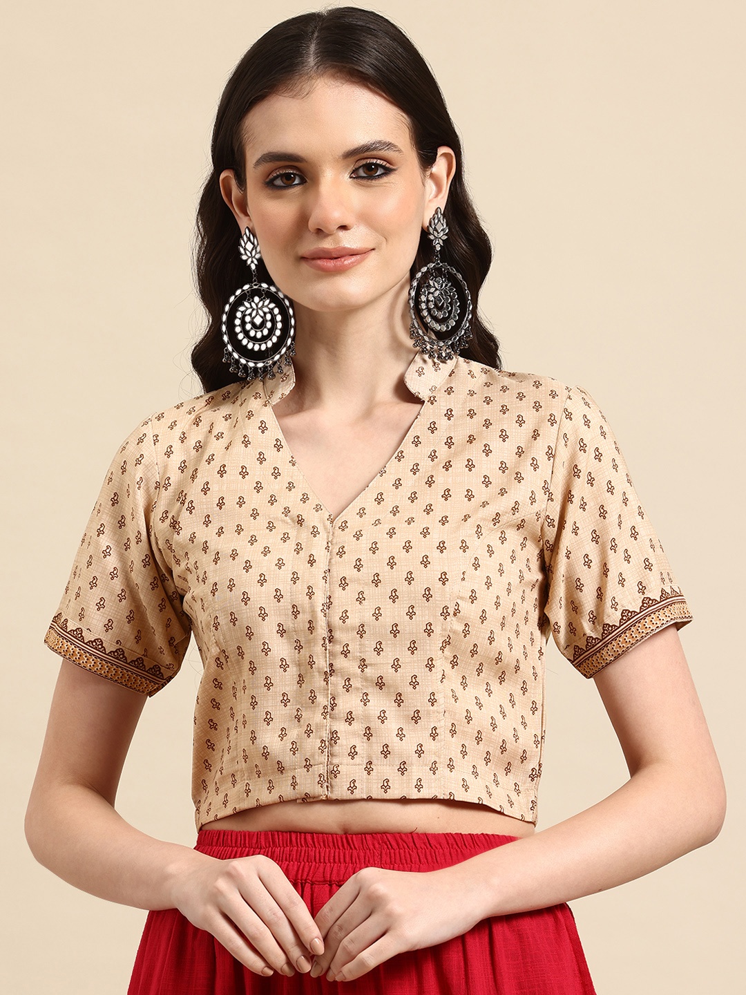 

Molcha Printed Front Open Padded Saree Blouse, Beige