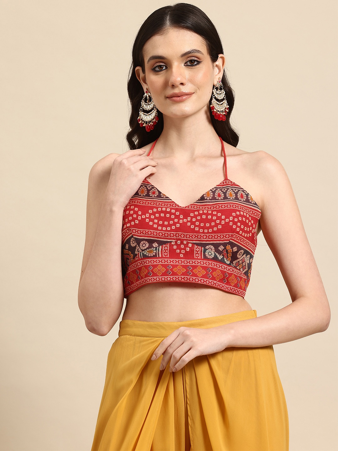 

Printed Chanderi padded backless tie up blouse, Red