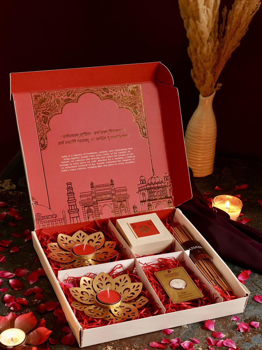 

PANASH Gift Hamper With Fine 999 Silver Coin Diyas Incense Sticks and Charan Paduka, Gold