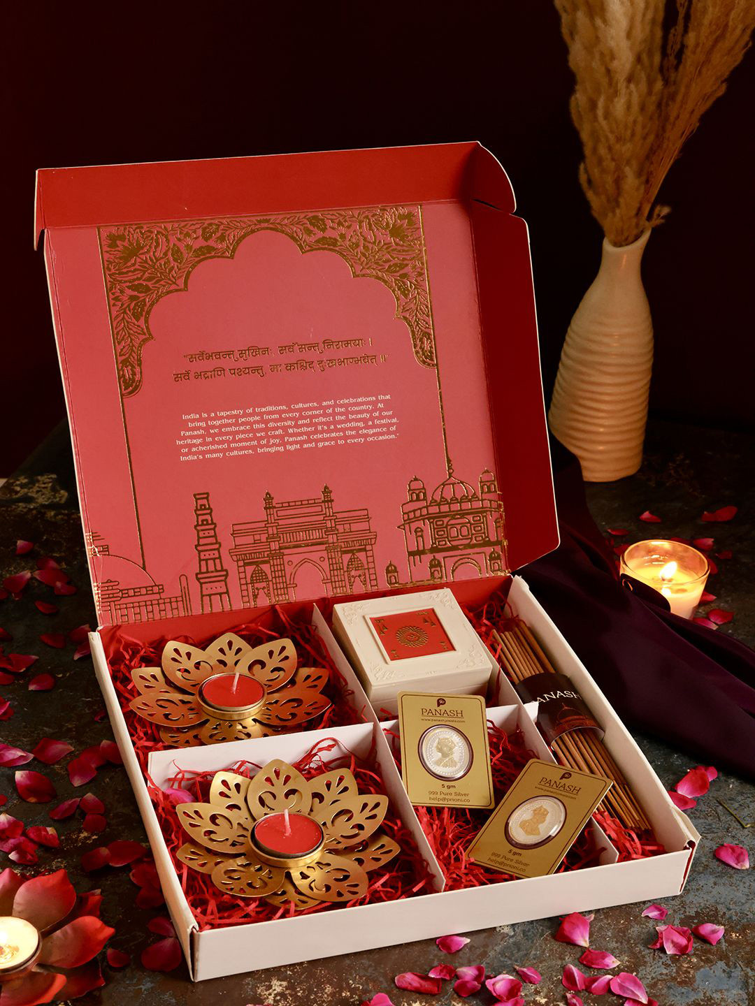 

PANASH Gift Hamper With 999 Silver Coins Diyas Incense Sticks and Charan Paduka, Gold
