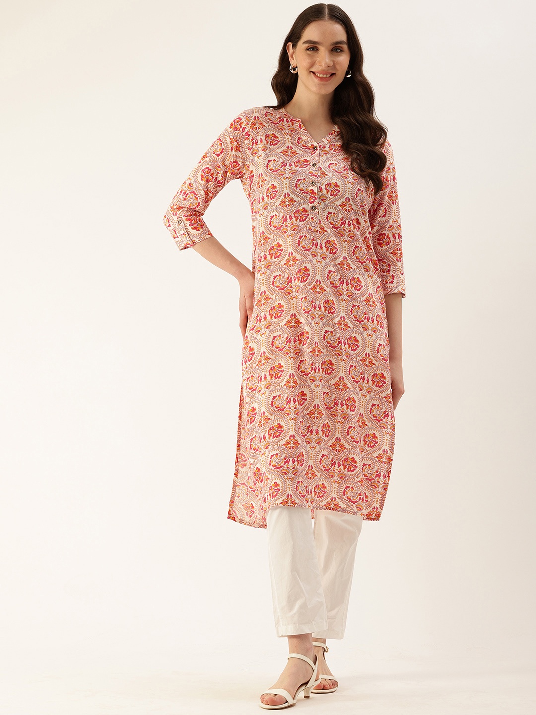 

AMUKTI Indie Floral Printed Kurta, Off white