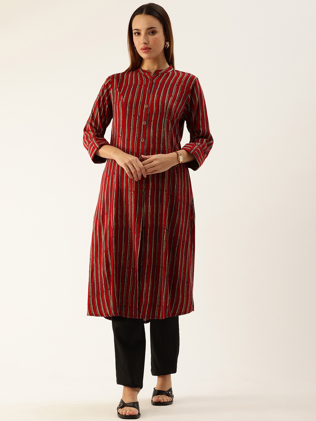 

AMUKTI Striped Rayon Kurta, Red