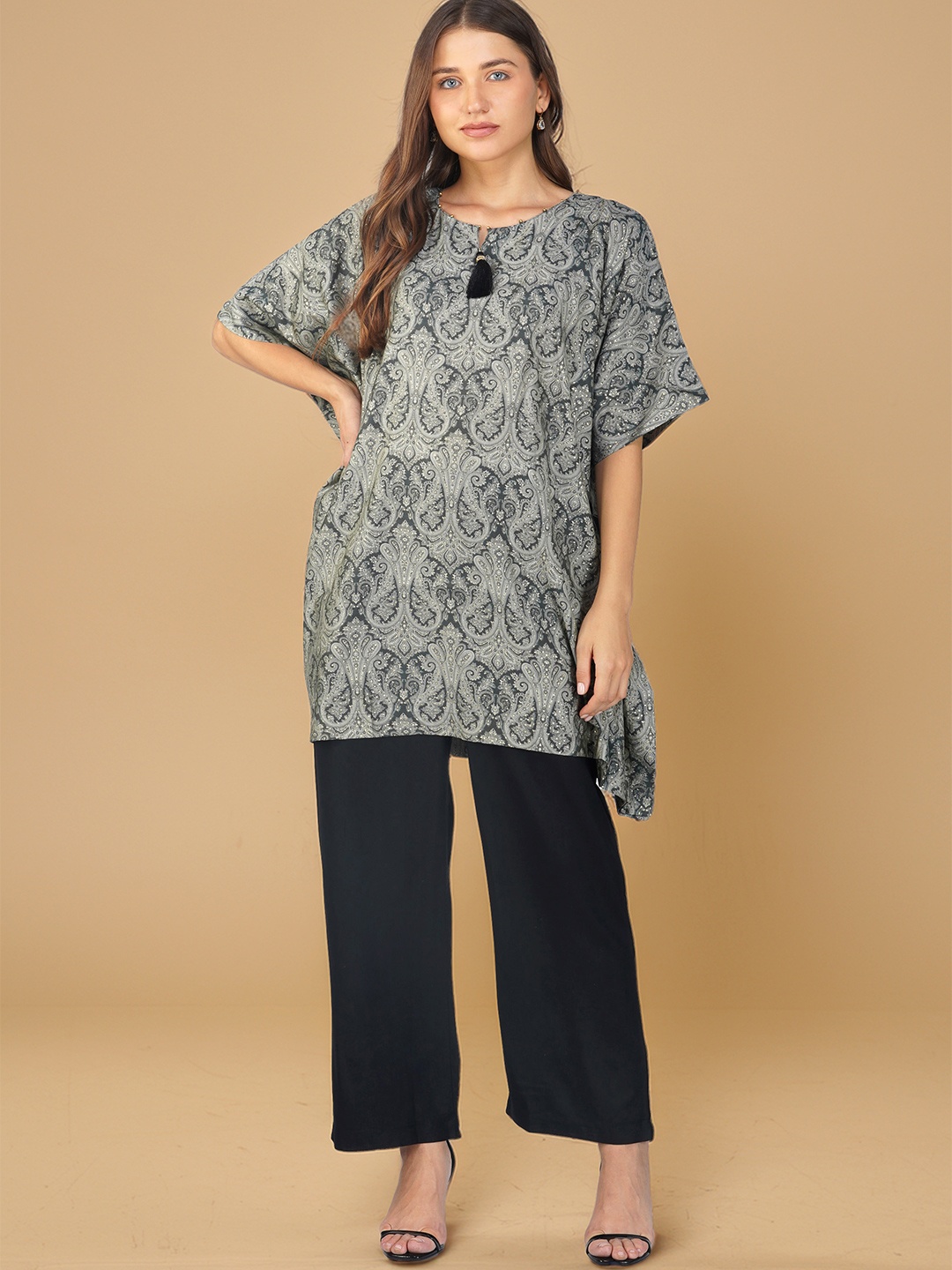

Bindigasm Ethnic Motifs Printed Round Neck Short Sleeves Top & Trouser, Black