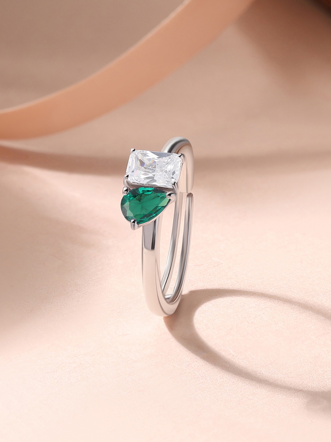 

Ornate Jewels 925 Sterling Silver AD & Emerald Toi Et Moi Go Green Adjustable Ring