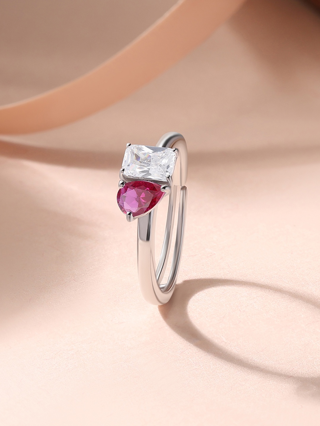 

Ornate Jewels 925 Sterling Silver American Diamond & Ruby Toi Et Moi Adjustable Ring