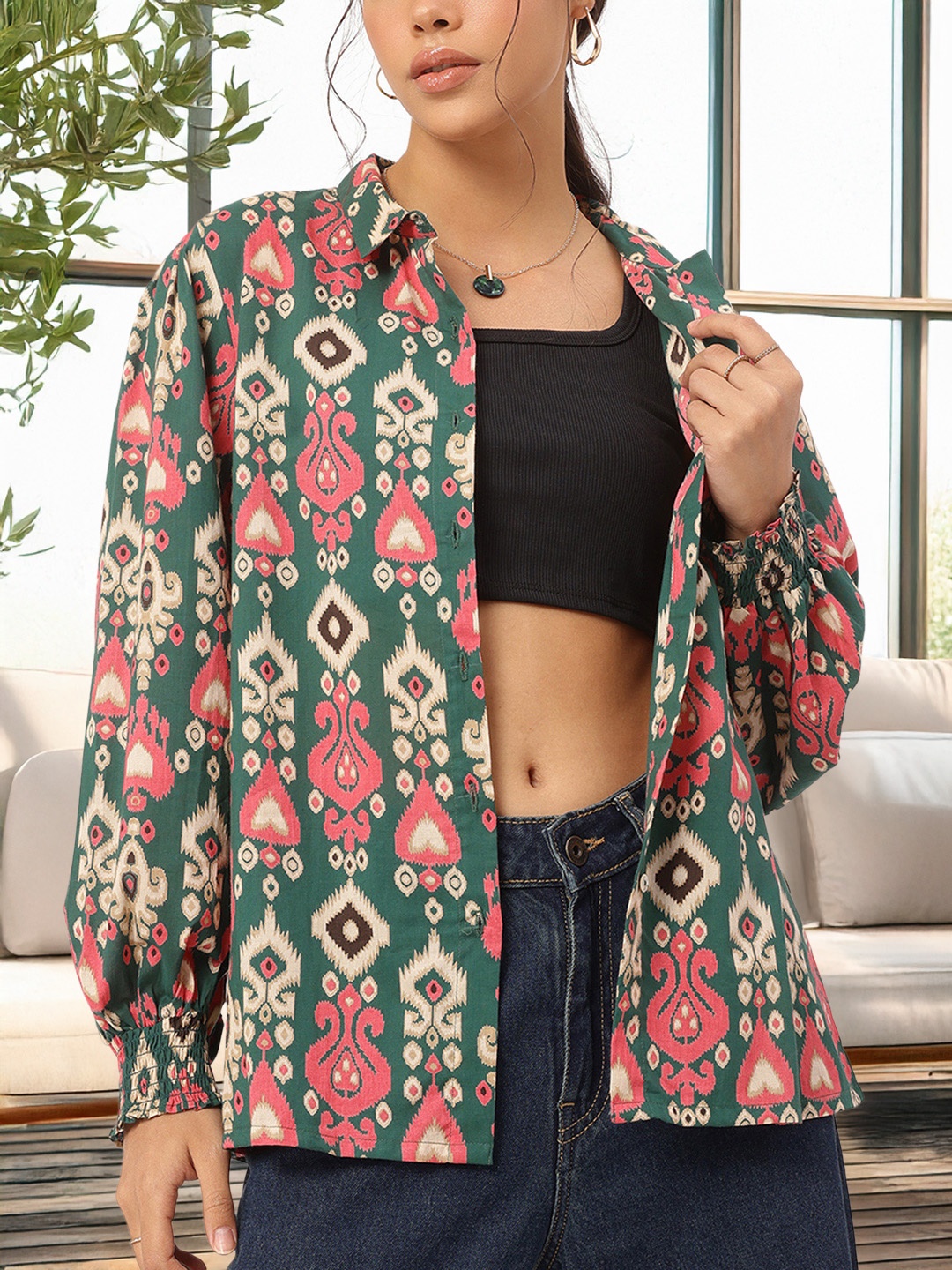 

DressBerry Gypsy Soul Ethnic Print Puff Sleeve Shirt, Green