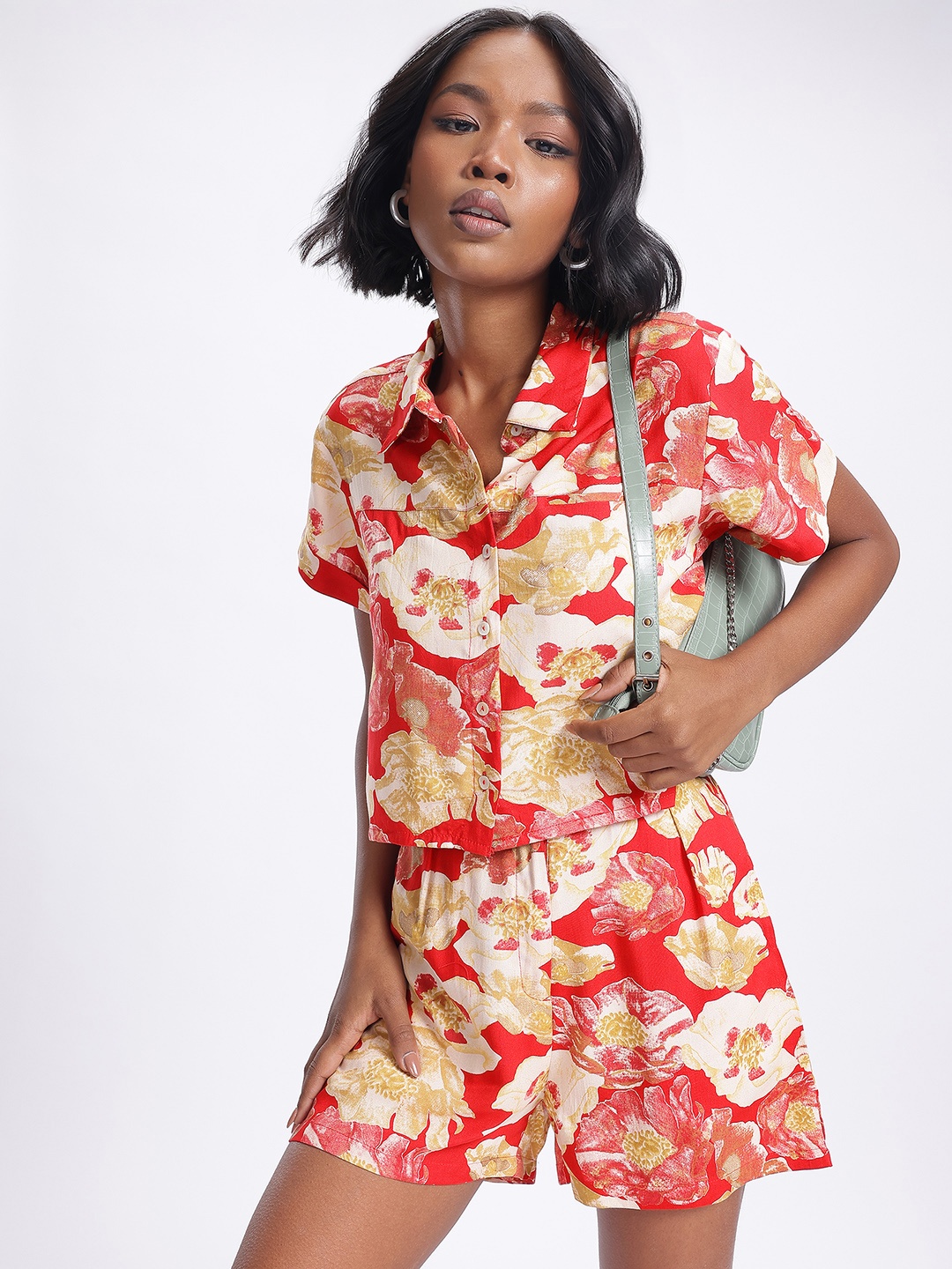 

DressBerry Garden Vibes Floral Print Cropped Co-Ords, Red