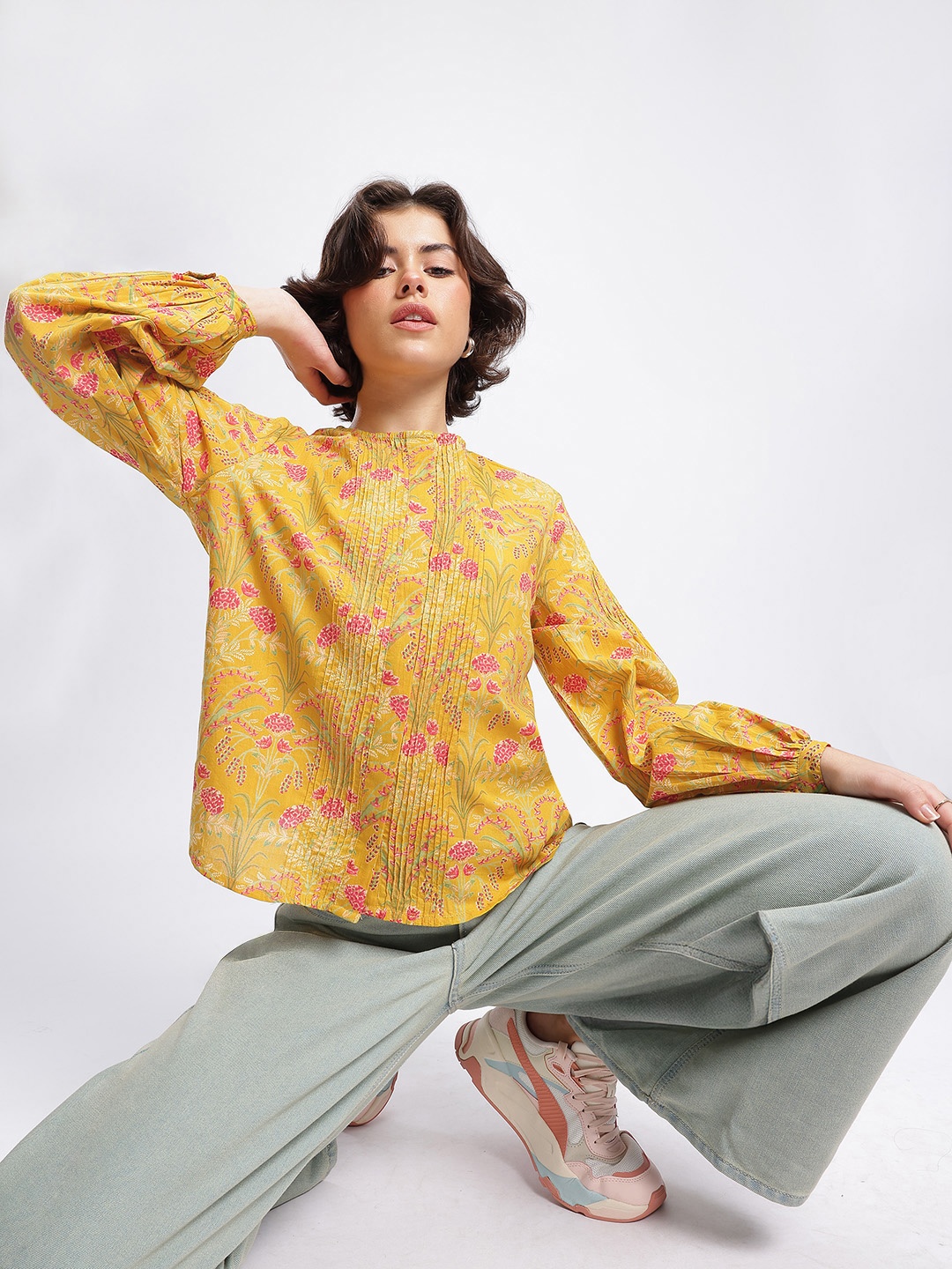 

DressBerry Nature's Canvas Pleated Floral Print Shirt, Mustard