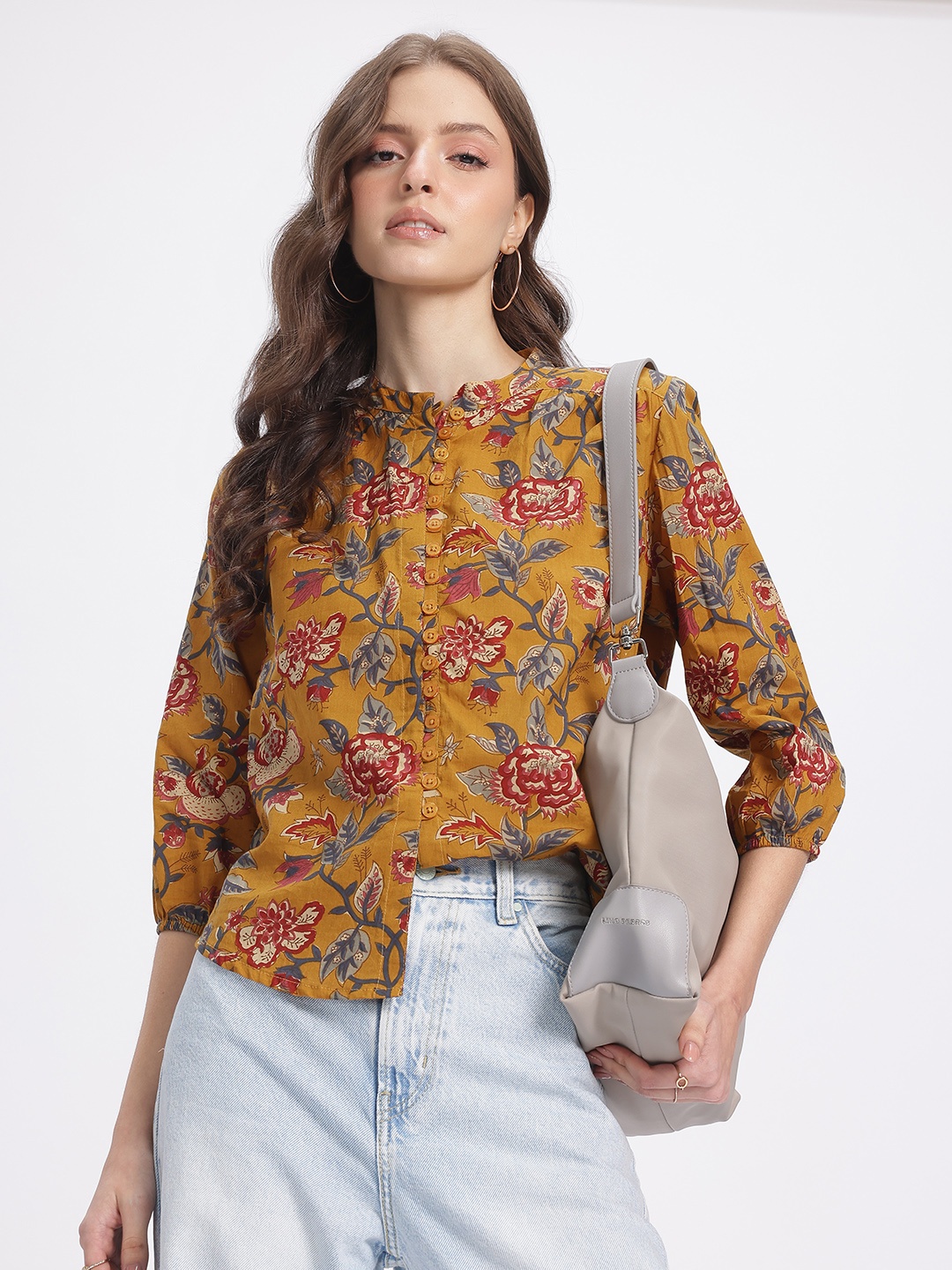 

DressBerry Artisan Blooms Printed Regular Fit Shirt, Mustard